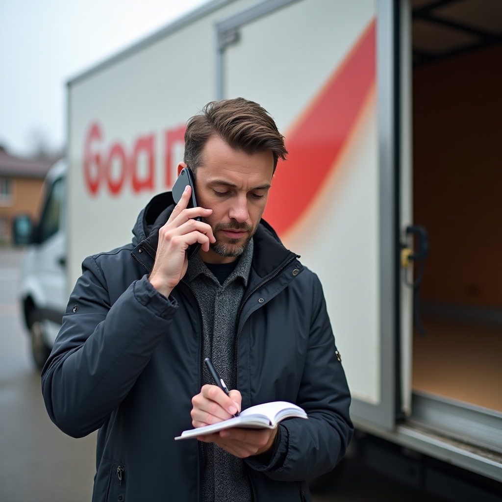 Muž telefonuje a zapisuje poznámku do mobilního telefonu na cestě mezi zákazníky
