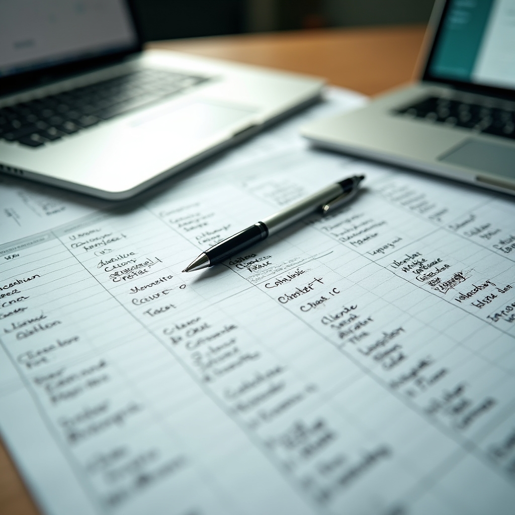Stůl s papírovými tabulkami kontaktů vedle otevřeného notebooku